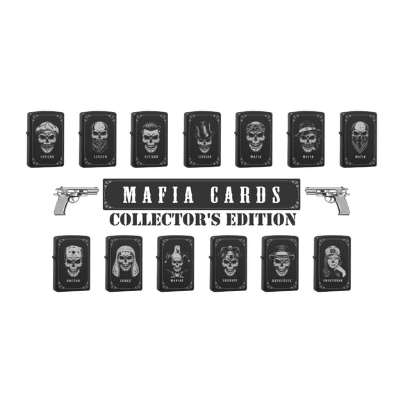 Mafia Cards Collection - mit Mafiamotiven gravierte Zippos Black Matte mit Chrom-Kern