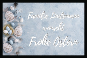 Federn und Eier - Familie personalisiert wünscht Frohe Ostern - Fussmatte mit Gummirand