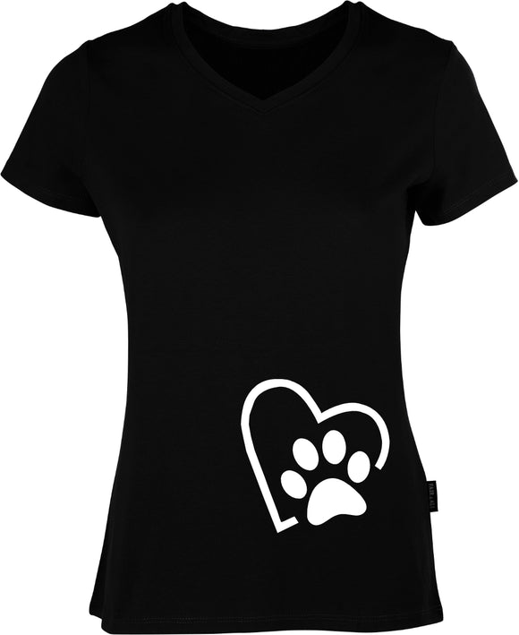 Herz mit Pfote bedruckt auf schwarzem Damen T-Shirt/Top