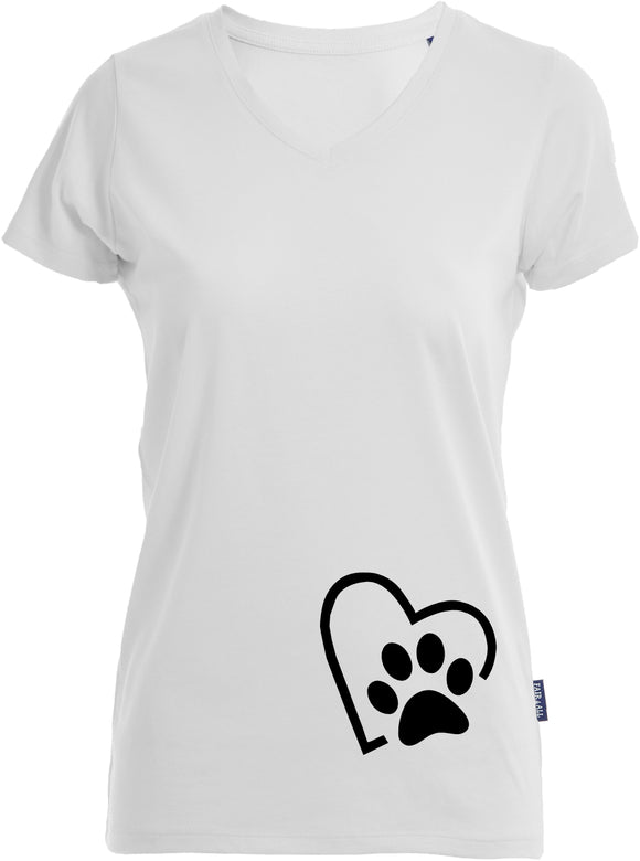 Herz mit Pfote bedruckt auf weißem Damen T-Shirt/Top
