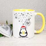Tasse Weiß/Gelb bedruckt mit Spruch: Life is a gift. - Motiv: Schneeflocken und Pinguin - Farbe Geschenk: Gelb