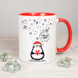 Tasse Weiß/Rot bedruckt mit Spruch: Life is a gift. - Motiv: Schneeflocken und Pinguin - Farbe Geschenk: Rot