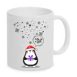 Tasse Weiß bedruckt mit Spruch: Life is a gift. - Motiv: Schneeflocken und Pinguin - Farbe Geschenk: Lila