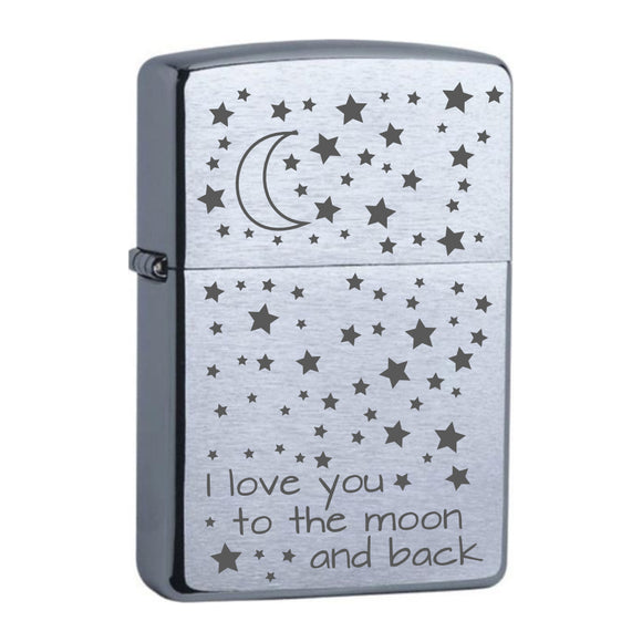Zippo Chrome Brushed graviert mit Motiv: I love you to the moon and back + sterne gefüllt
