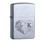 Personalisiertes Zippo Feuerzeug chrome brushed mit graviertem Herz- und Blumenmotiv