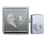 Personalisiertes Zippo Feuerzeug chrome brushed und Zigarettenetui mit graviertem Herz- und Blumenmotiv