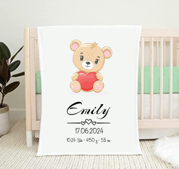 Baby Bär Herz Fleecedecke weiss 70x100cm bedruckt personalisierbar