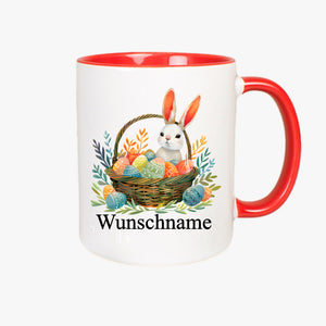 weisse Tasse innen rot und roter Henkel,  bedruckt mit Ostermotiv und Name