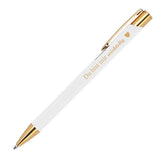 Weißer Kugelschreiber mit rubber finish Oberfläche und mit goldfarbener Gravur Du bist mir wichtelig und ein kleiner Herz