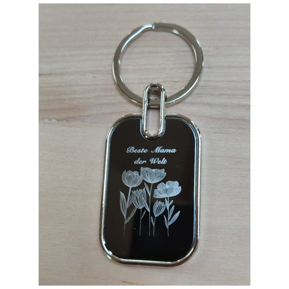 Ein wunderschöner Schlüsselanhänger graviert für die Beste Mama der Welt und Blumenmotiv