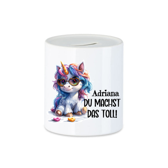 Spardose mit einem süßen Einhorn und dem inspirierenden Schriftzug „Du machst das toll!!!