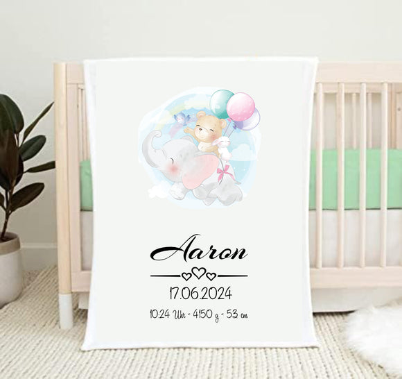 Elefant, Bär und Luftballons Fleecedecke weiss 70x100cm bedruckt personalisierbar 