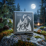 Edles Metall-Zigarettenetui mit heulendem  Wolf-Mond  und Vorname Gravur