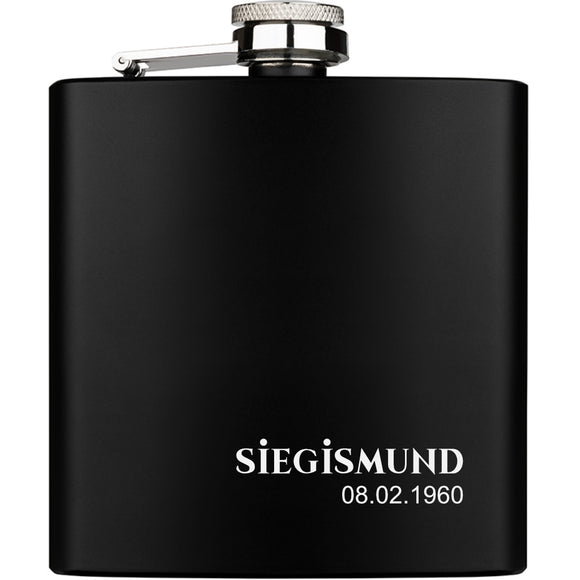 Flachmann schwarz aus Edelstahl 6oz mit Lasergravur <br>personalisierbar mit Vorname und Datum
