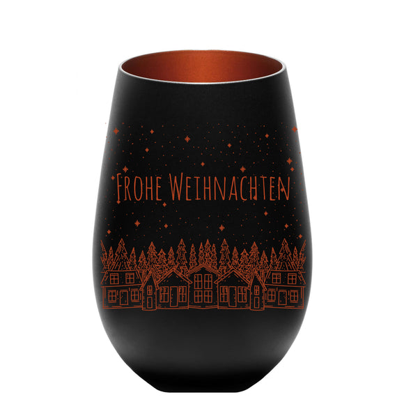 Windlicht mit dem Motiv „Frohe Weihnachten“ und einem bezaubernden Weihnachtsdorf graviert