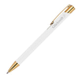 Weißer Kugelschreiber mit rubber finish Oberfläche und mit grauer  Gravur Glücksstift und einem kleinen Kleeblatt