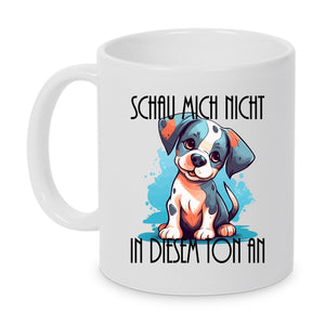 Kleiner niedlicher Hundewelpe, schau mich nicht in diesem Ton an