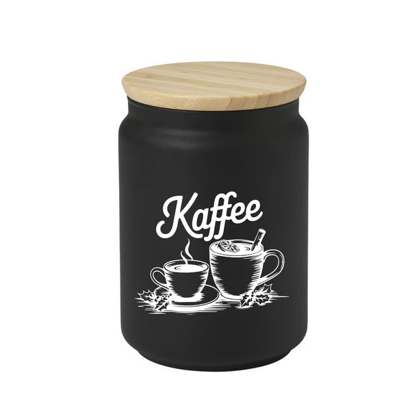 Schönes schwarzes Kaffeeglas mit hübschem Motiv graviert und mit Bambusdeckel