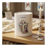 Keramik Spardose mit Name personalisierbar und Motiv Kreuz floral bedruckt