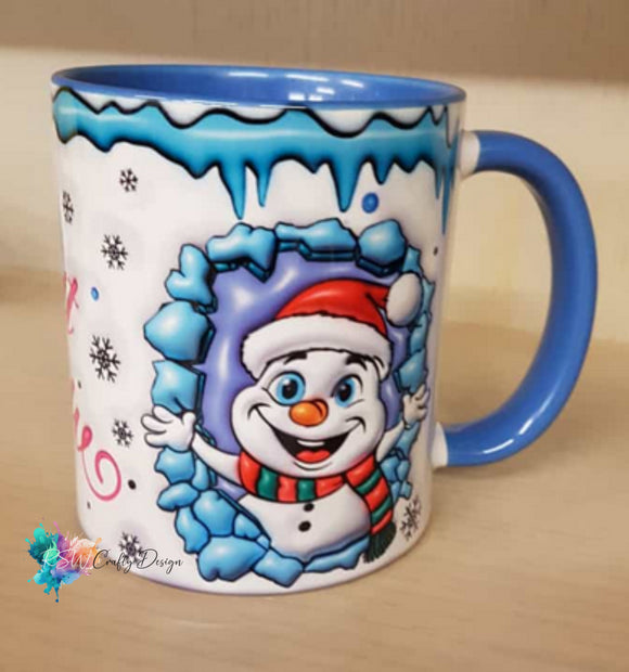 Beidseitig bedruckte twotone Tasse blau in 3D Optik mit Text und Schneemann