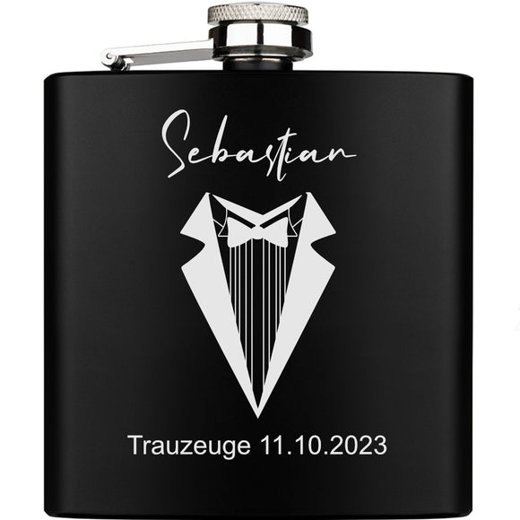 Trauzeuge personalisierter Flachmann schwarz aus Edelstahl 6oz mit Lasergravur