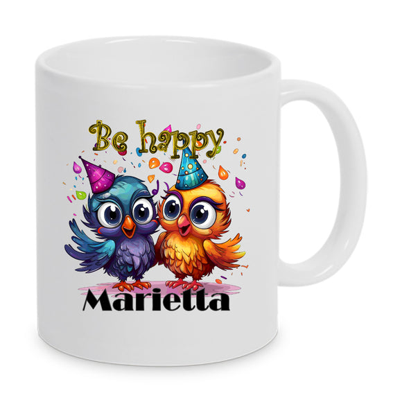 Bunte Vögel be happy Tasse personalisierbar