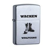 ﻿Original Zippo Chrome Brushed graviert mit Wacken, Stiefel und Wunschname