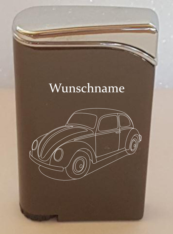 Gasfeuerzeug Hadson Twin Lite mit Gravur Auto Käfer und Name personalisiert
