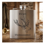 gravierter Edelstahlflachmann mit Motiv Hirsch Name Waidmannsheil