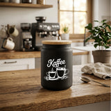 Schwarzes Vorratsglas für Kaffee mit Bambusdeckel &amp; edler Gravur