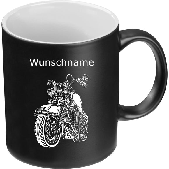 Motorrad und Name - schwarze Tasse graviert