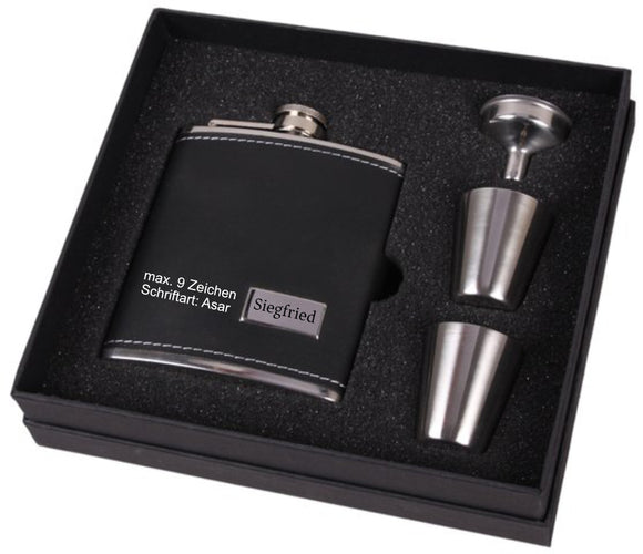 Schönes Flachmann Set in Geschenksbox bestehend aus Flachmann Edelstahl 6oz mit schwarzer Lederoptikhülle und Gravurfeld für Name oder Initialen 2 Becher 1 Trichter