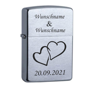Original Zippo chrome gebürstet graviert 2 Namen, Herzen und Datum
