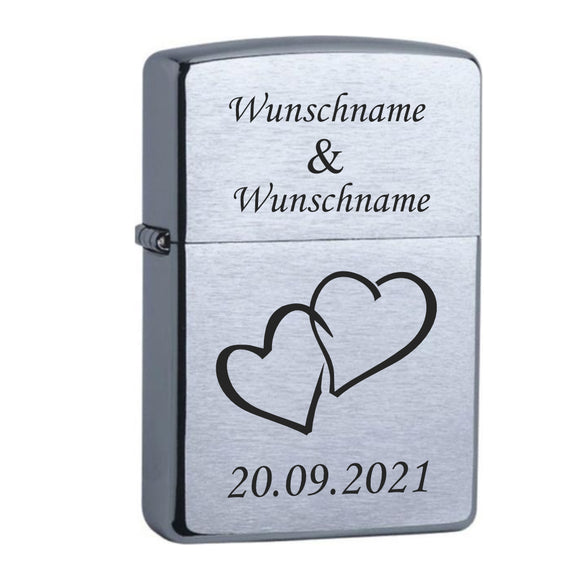 Original Zippo chrome gebürstet graviert 2 Namen, Herzen und Datum