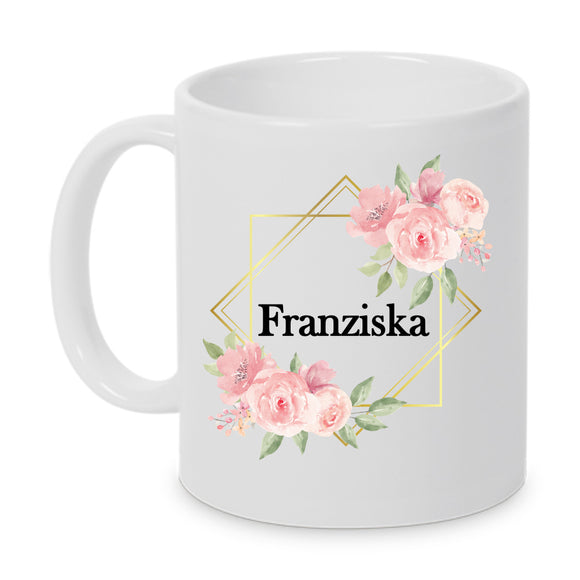 Tasse mit pastellfarbenen Blumen in goldenem Rahmen mit Name