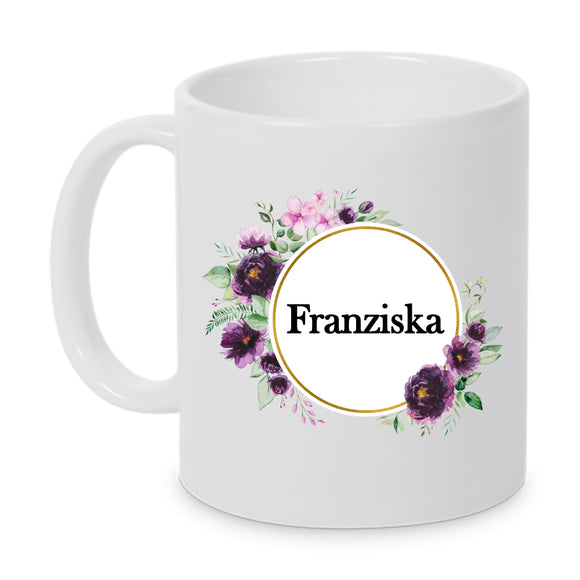 Tasse mit lilafarbenen Blumen mit Name