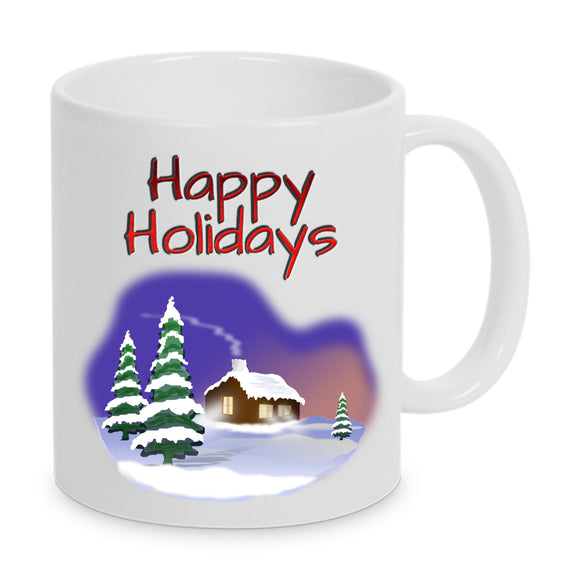 Tasse Weiß mit Spruch: Happy Holidays und Motiv Hütte im Schnee mit zwei schneebedeckten Tannen.