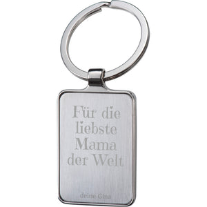 Schlüsselanhänger graviert mit "Für die liebste Mama der Welt" und personalisiert mit Wunschname.