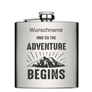 Adventur begins mit Wunschname personalisiert Edelstahl Flachmann 6oz mit Lasergravur