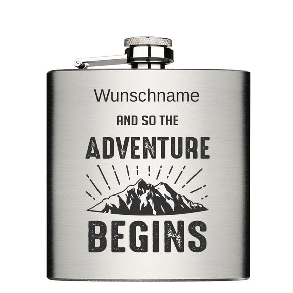 Adventur begins mit Wunschname personalisiert Edelstahl Flachmann 6oz mit Lasergravur