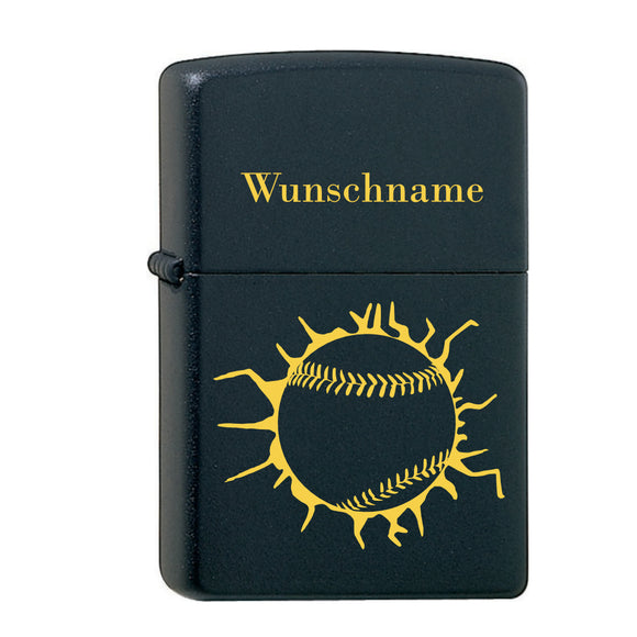 Original Zippo Black Matt graviert mit Baseball und Wunschname personalisiert