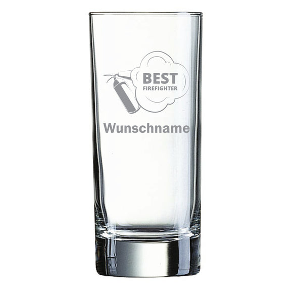 Longdrinkglas graviert mit Motiv: Feuerlöscher Best Firefighter wahlweise mit Wunschname