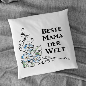 Kissen bedruckt mit Motiv blauen Blüten und Text Beste Mama der Welt