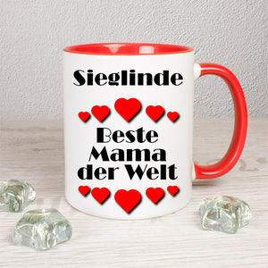 Tasse Weiß/Rot bedruckt mit Motiv Name + Herzen + Beste Mama der Welt