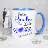 Tasse Weiß/Blau bedruckt mit: Bester Bruder der Welt! Ich hab dich lieb!