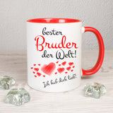 Tasse Weiß/Rot bedruckt mit: Bester Bruder der Welt! Ich hab dich lieb!