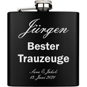 Bester Trauzeuge Trauzeugin personalisiert Flachmann schwarz aus Edelstahl 6oz mit Lasergravur