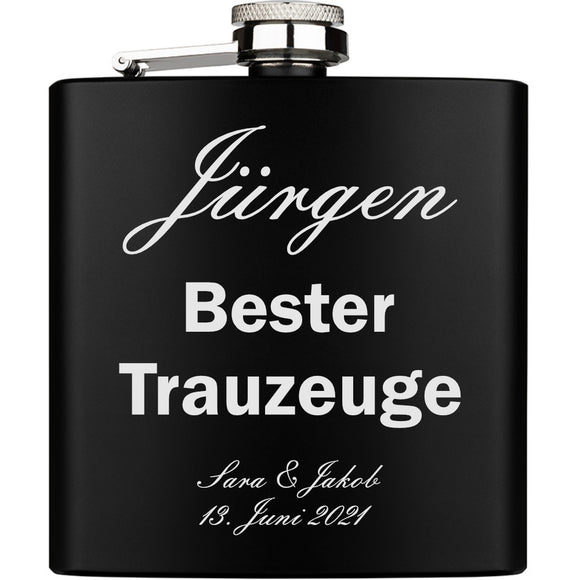Bester Trauzeuge Trauzeugin personalisiert Flachmann schwarz aus Edelstahl 6oz mit Lasergravur