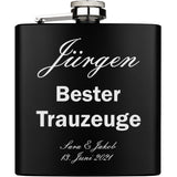 Bester Trauzeuge Trauzeugin personalisiert Flachmann schwarz aus Edelstahl 6oz mit Lasergravur