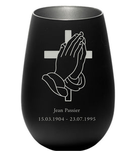 Betende Hände  - Trauer Glaube Windlicht schwarz-silber mit Gravur personalisierbar